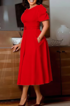 Red Elegant Solid Color Pocket O Neck Long Dresses