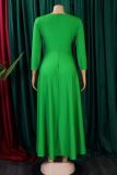 Green Casual Solid Color Pocket Strap Design O Neck Irregular Dresses