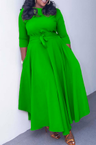 Green Casual Solid Color Pocket Strap Design O Neck Irregular Dresses