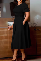 Black Elegant Solid Color Pocket O Neck Long Dresses