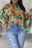 Blue Sexy Print Slit O Neck Tops