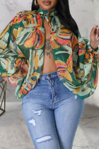 Green Orange Sexy Print Slit O Neck Tops