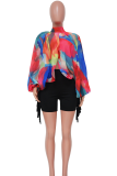 Blue Sexy Print Slit O Neck Tops