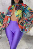 Blue Sexy Print Slit O Neck Tops