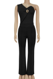 Black Sexy Solid Color Metal Accessories Trim Asymmetrical Collar Sleeveless Two Pieces