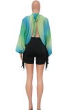 Blue Sexy Print Slit O Neck Tops