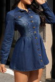 Deep Blue Casual Solid Color Buckle Turndown Collar Long Sleeve Boot Cut Denim Dresses
