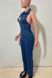 Blue Sexy Solid Color Backless Zipper Turndown Collar Sleeveless Regular Denim Jumpsuits