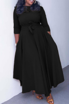 Black Casual Solid Color Pocket Strap Design O Neck Irregular Dresses