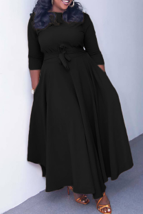 Black Casual Solid Color Pocket Strap Design O Neck Irregular Dresses