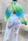 Blue Sexy Print Slit O Neck Tops