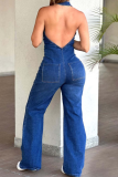 Blue Sexy Solid Color Backless Zipper Turndown Collar Sleeveless Regular Denim Jumpsuits