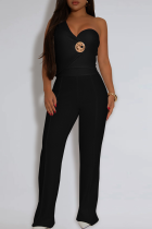 Black Sexy Solid Color Metal Accessories Trim Asymmetrical Collar Sleeveless Two Pieces