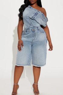 Blue Casual Solid Color Pocket Off Shoulder Sleeveless Bodycon Denim Jumpsuits