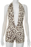 Leopard Print Sexy Leopard Print Backless Halter Skinny Rompers