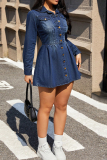 Deep Blue Casual Solid Color Buckle Turndown Collar Long Sleeve Boot Cut Denim Dresses