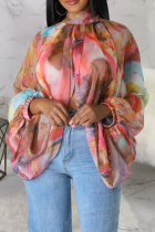 Pink Sexy Print Slit O Neck Tops