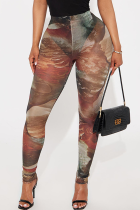 Brown Sexy Print Skinny Mid Waist Conventional Full Print Bottoms