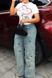 Blue Casual Solid Color Patchwork Mid Waist Loose Denim Jeans