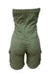 Blue Sexy Solid Color Pocket Buckle Strapless Skinny Rompers