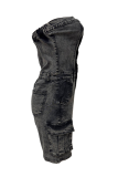 Blue Sexy Solid Color Pocket Buckle Strapless Skinny Rompers