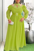 Green Elegant Solid Color Hollow Out Hot Drill O Neck Long Plus Size Dresses