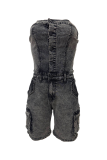 Blue Sexy Solid Color Pocket Buckle Strapless Skinny Rompers