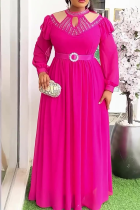 Rose Red Elegant Solid Color Hollow Out Hot Drill O Neck Long Plus Size Dresses