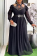 Black Elegant Solid Color Hollow Out Hot Drill O Neck Long Plus Size Dresses