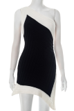 Black Sexy Irregular Contrast Oblique Collar Wrapped Skirt Dresses
