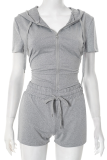 Grey Casual Solid Color Zipper Hooded Short Sleeve Two Pieces