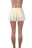 Pink Elegant Solid Color Lace Boot Cut Mid Waist Patchwork Bottoms