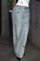 Blue Casual Solid Color Patchwork Mid Waist Loose Denim Jeans