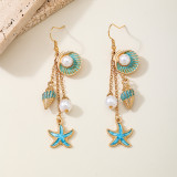Blue Casual Fringed Trim Pearls Decor Earrings