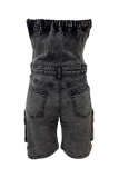 Blue Sexy Solid Color Pocket Buckle Strapless Skinny Rompers