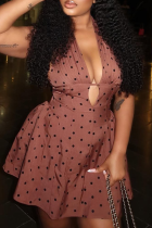 Dark Brown Sexy Polka Dot Backless Strap Design Halter A Line Dresses