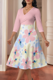 Powder White Elegant Print Patchwork V Neck Long Dresses