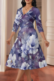 Powder White Elegant Print Patchwork V Neck Long Dresses
