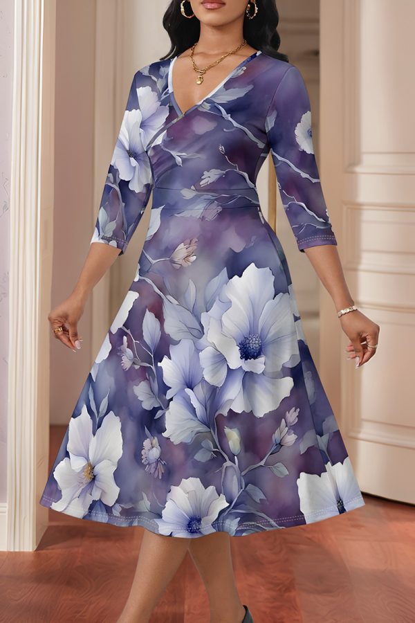 Purple Elegant Print Patchwork V Neck Long Dresses