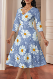 Powder White Elegant Print Patchwork V Neck Long Dresses