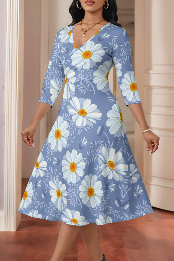 Blue Elegant Print Patchwork V Neck Long Dresses