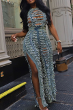 Blue Sexy Solid Color Ripped Slit O Neck Sleeveless Two Pieces