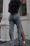 Blue Sexy Solid Color Ripped Slit O Neck Sleeveless Two Pieces