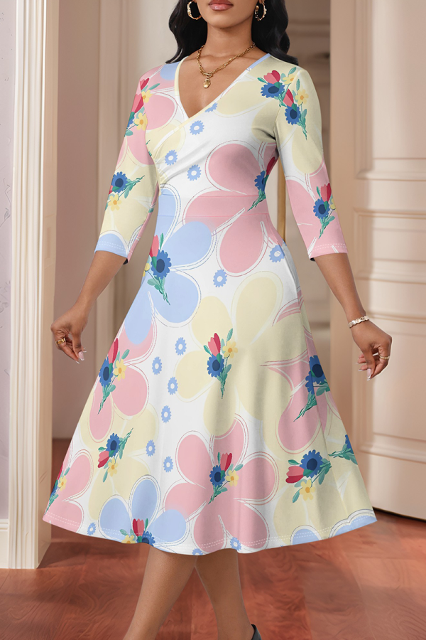 Powder White Elegant Print Patchwork V Neck Long Dresses