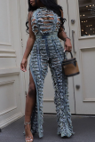 Blue Sexy Solid Color Ripped Slit O Neck Sleeveless Two Pieces