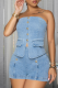 Blue Sexy Solid Color Buckle Strapless Sleeveless Two Pieces