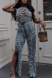 Blue Sexy Solid Color Ripped Slit O Neck Sleeveless Two Pieces