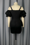 Black Sexy Solid Color Backless Hot Drill Spaghetti Strap Wrapped Skirt Dresses