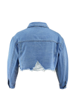 Light Blue Casual Solid Color Buckle Turndown Collar Plus Size Overcoat