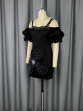 Black Sexy Solid Color Backless Hot Drill Spaghetti Strap Wrapped Skirt Dresses